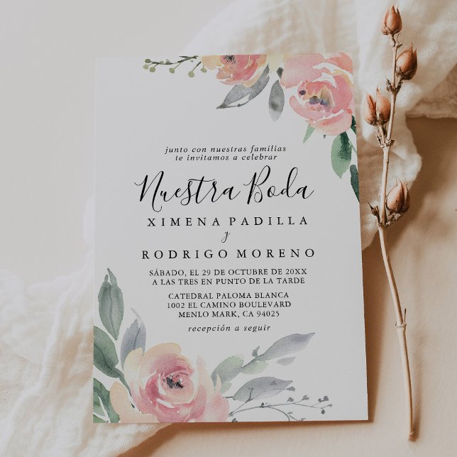 Invitación Flores de peones rosados otoñales caligrafía Nuest (Subido por el creador)