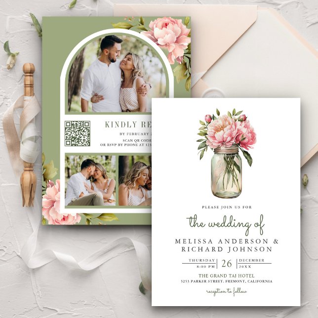 Invitación Flores de peones rosados suave Mason Jar QR Boda d (Subido por el creador)