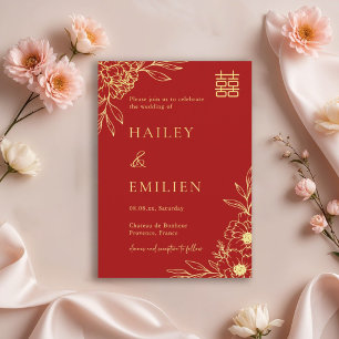 Invitación Flores de Peonía Boda Chino Moderno Rojo Dorado