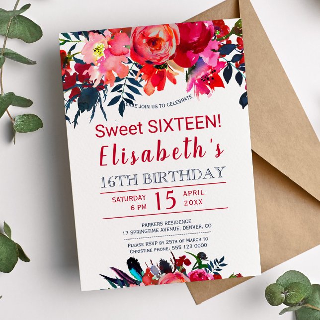 Invitación Flores de peonía boho navales rojas florales dulce (Subido por el creador)