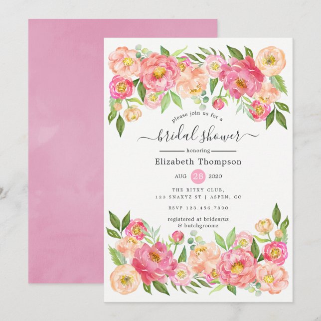 Invitación Flores de Peonía de Primavera para Despedida de So (Anverso / Reverso)