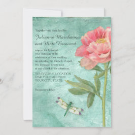 Invitación Flores de peonía retro bonito en libélula