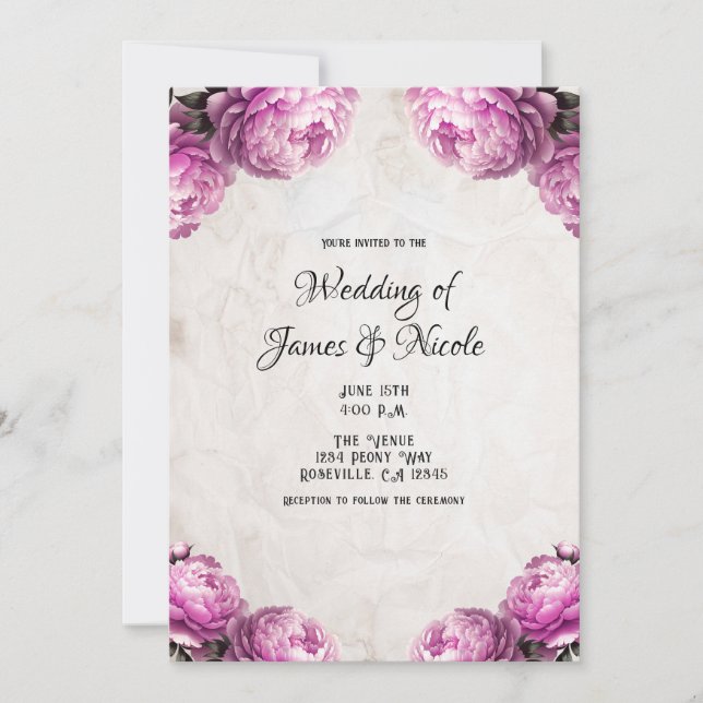 Invitación Flores de peonía rosadas brillantes boda rústica v (Anverso)
