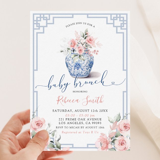 Invitación Flores de peonía rosadas sonrojadas Brunch de bebé (Subido por el creador)