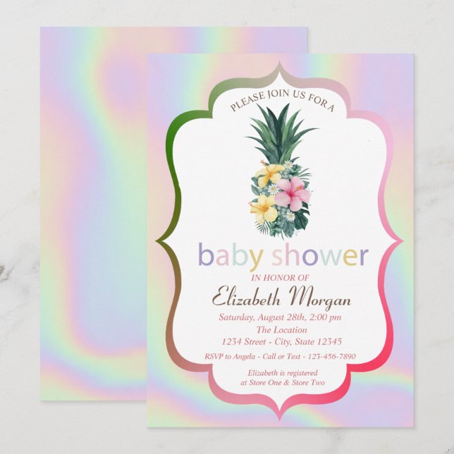 Invitación Flores de piña Holográfica Baby Shower (Anverso / Reverso)