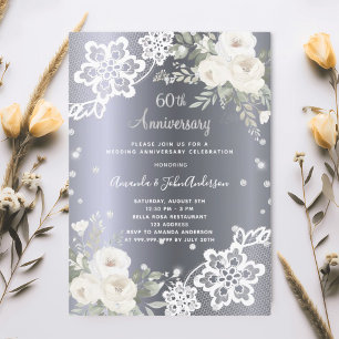 Invitación Flores de plata 60 aniversario boda lujo
