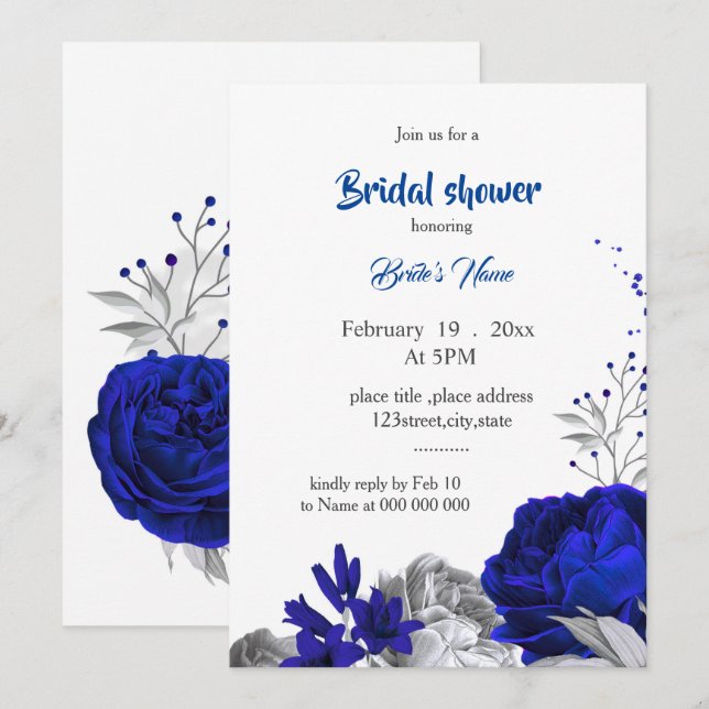 Invitación flores de plata azul real ducha de novia (Anverso / Reverso)