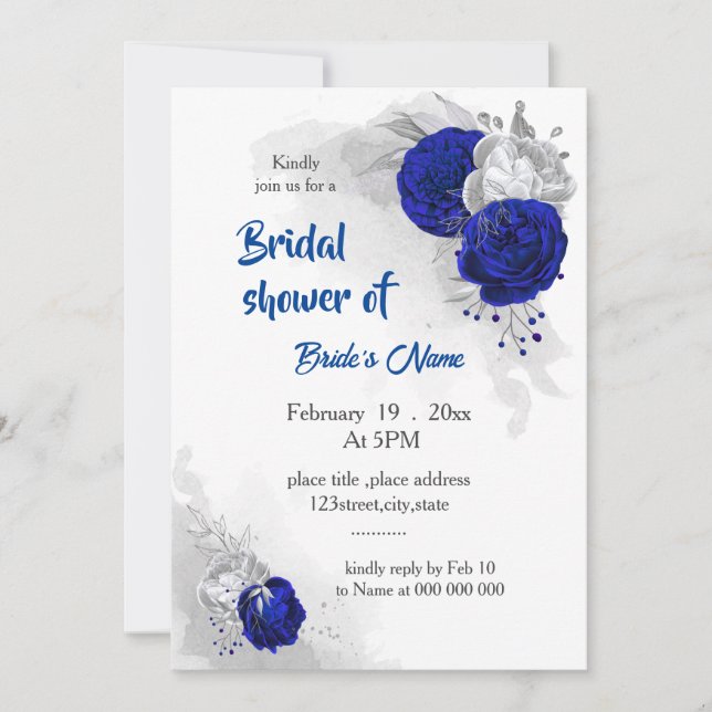 Invitación flores de plata azul real ducha de novia (Anverso)