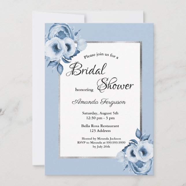 Invitación Flores de plata azul y turbia ducha de novia (Anverso)