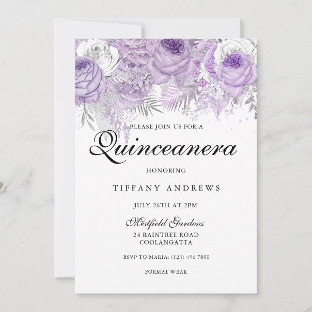 Invitación Flores de plata blanca morada Quinceanera (Anverso)