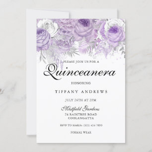 Invitación Flores de plata blanca morada Quinceanera
