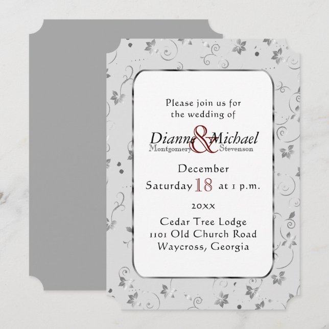 Invitación Flores de plata en Boda gris (Anverso / Reverso)