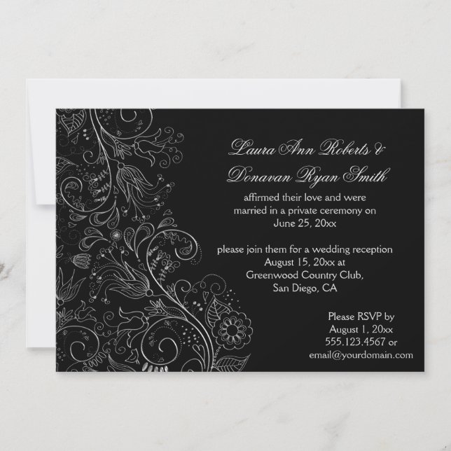 Invitación Flores de plata esbozadas en Boda negro (Anverso)