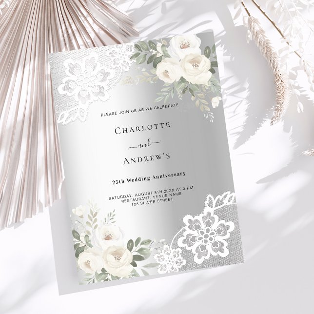Invitación Flores de plata lujoso aniversario 25 bodas (Subido por el creador)