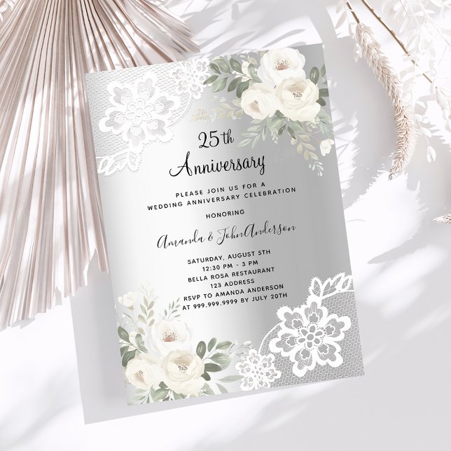 Invitación Flores de plata lujoso aniversario 25 bodas (Subido por el creador)