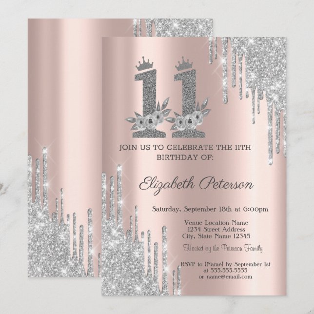 Invitación Flores de plata que gotean rosa de oro cumpleaños  (Anverso / Reverso)