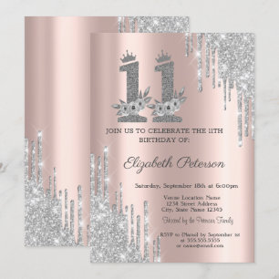 Invitación Flores de plata que gotean rosa de oro cumpleaños