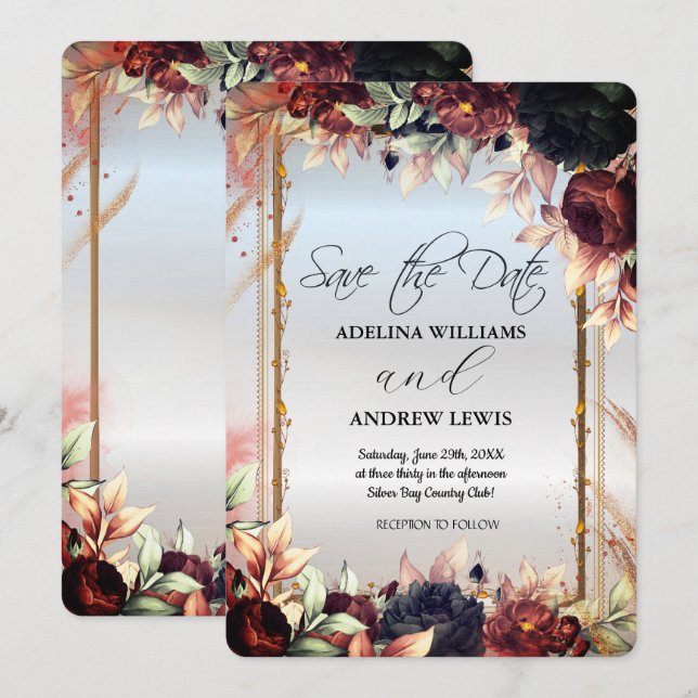 Invitación Flores de plata real Rosa,Marco de oro  (Anverso / Reverso)