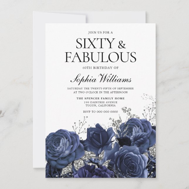 Invitación Flores de plata y marina 60 cumpleaños fabuloso (Anverso)