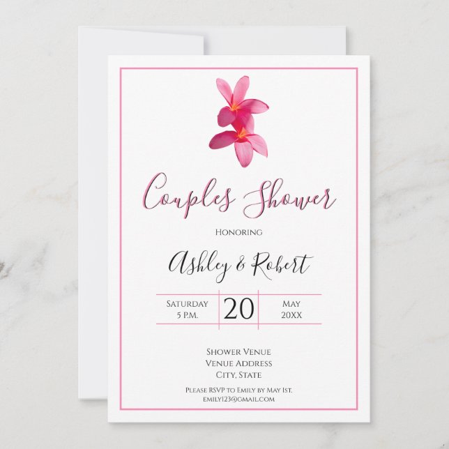 Invitación Flores de Plumeria rosa, Boda moderno, parejas (Anverso)
