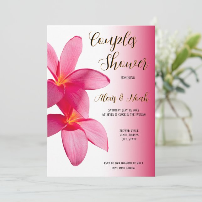 Invitación Flores de Plumeria rosa en parejas rosas, florales (Anverso de pie)