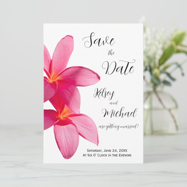 Invitación Flores de Plumeria rosa, tropical, fecha de ahorro (Anverso de pie)