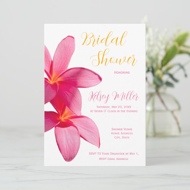 Invitación Flores De Plumeria Rosa, Tropical, Floral, Bridal  (Anverso de pie)