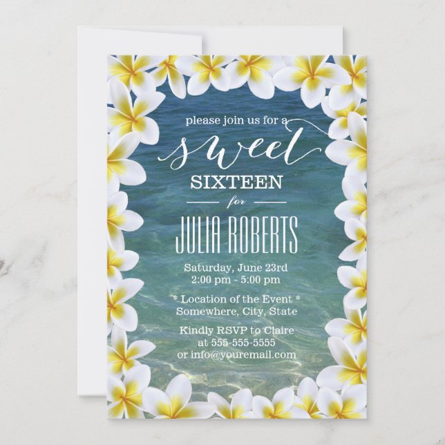 Invitación Flores de Plumeria Tropical Beach Sweet 16 (Anverso)