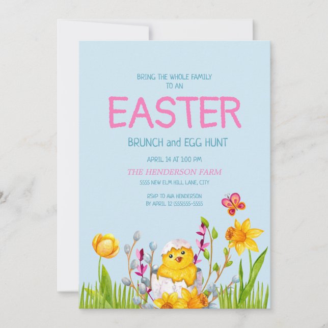 Invitación Flores de pollito bebé lindo Brunch de Pascua Caza (Anverso)