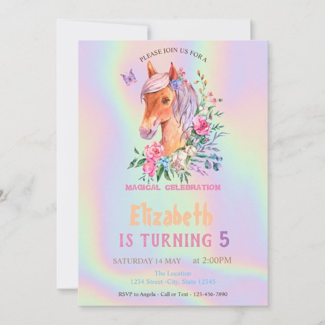 Invitación Flores de pony bonitas Cumpleaños holográfico (Anverso)