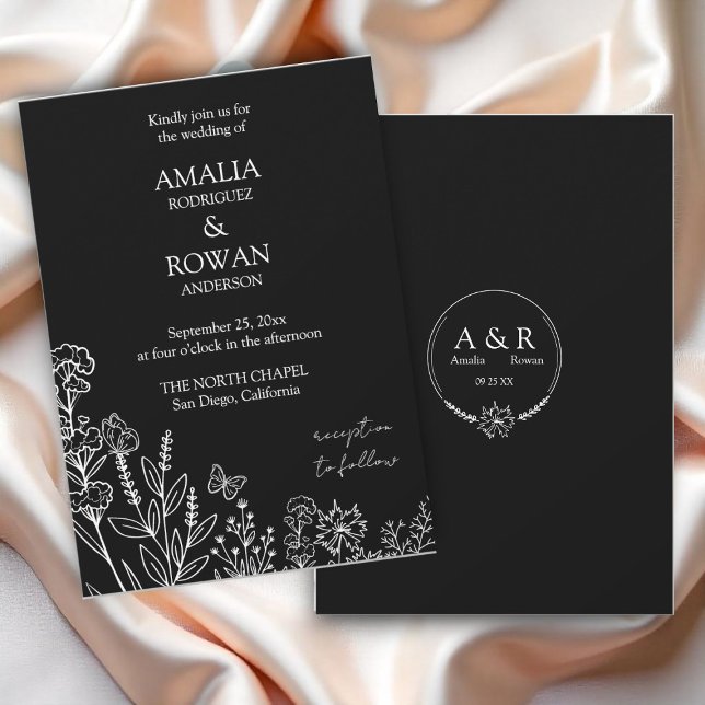 Invitación Flores de pradera Boda blanco y negro (Subido por el creador)