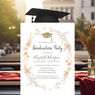 Invitación Flores de prado al acuarela con gorra de graduació