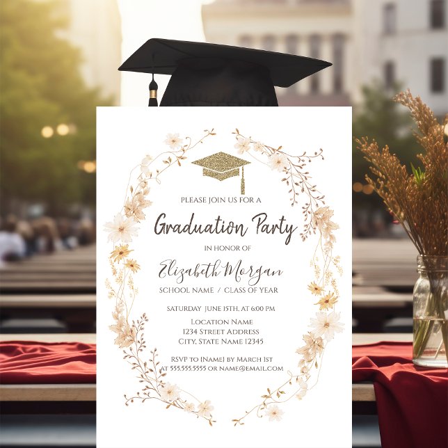 Invitación Flores de prado al acuarela con gorra de graduació (Subido por el creador)