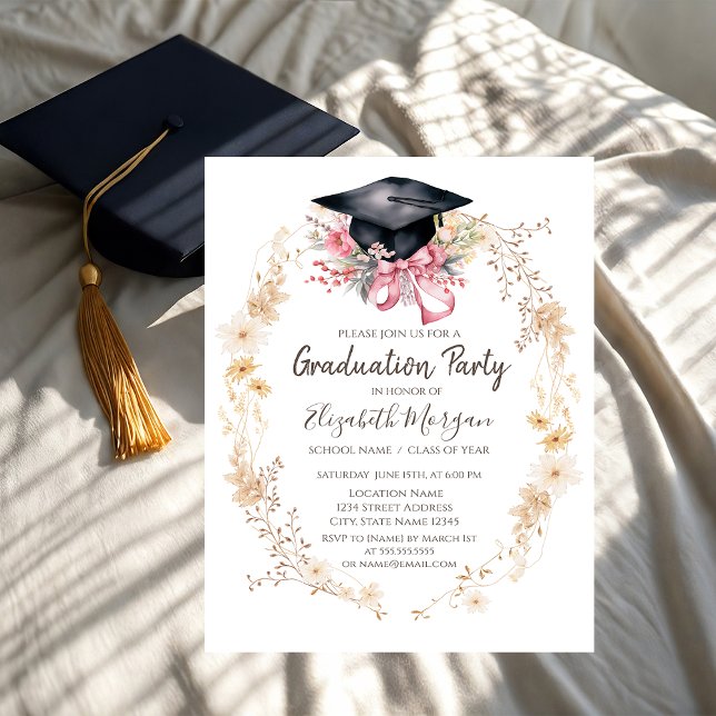 Invitación Flores de prado al acuarela con gorra de graduació (Subido por el creador)