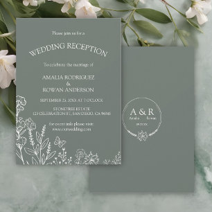 Invitación Flores de prado recepción de boda verde sirocco