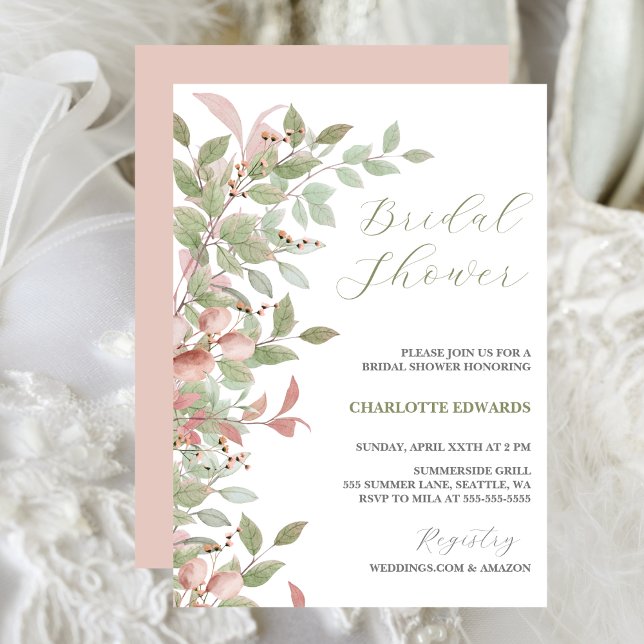 Invitación Flores de primavera acuarela ducha de novia rosa (Watercolor Leaves, Green & Pink, Bridal Shower Invitation)