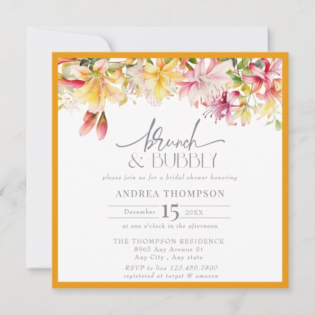 Invitación Flores de primavera amarilla Brunch Bubbly Bridal  (Anverso)