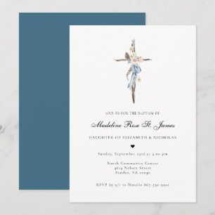Invitación Flores de Primavera Azul Bautismo de Cruz Floral