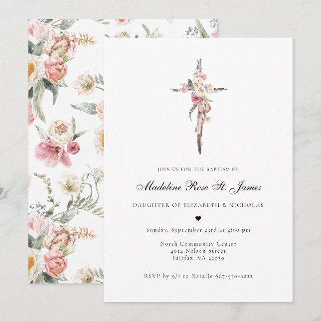 Invitación Flores de primavera | Bautismo de cruz floral (Anverso / Reverso)