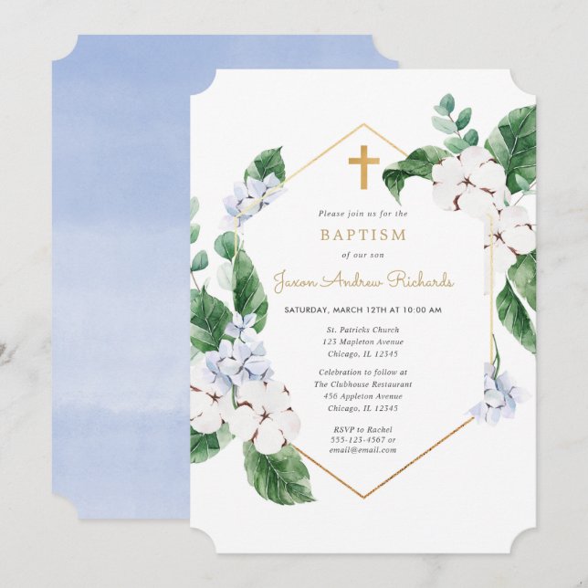 Invitación Flores de primavera blanca azul bautismo de niño d (Anverso / Reverso)
