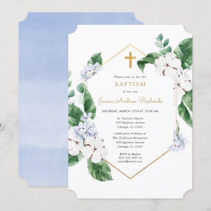 Invitación Flores de primavera blanca azul bautismo de niño d
