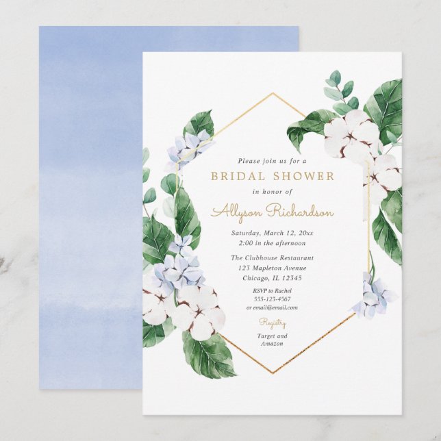 Invitación Flores de primavera blanca azul marco dorado ducha (Anverso / Reverso)