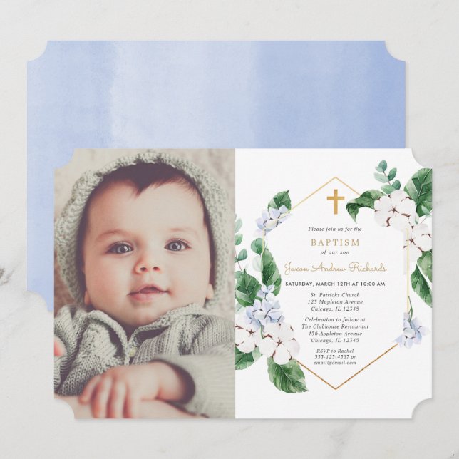 Invitación Flores de primavera blanca azul oro niño bautismo  (Anverso / Reverso)