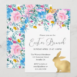 Invitación Flores de primavera bohemio y conejitos dorados Br
