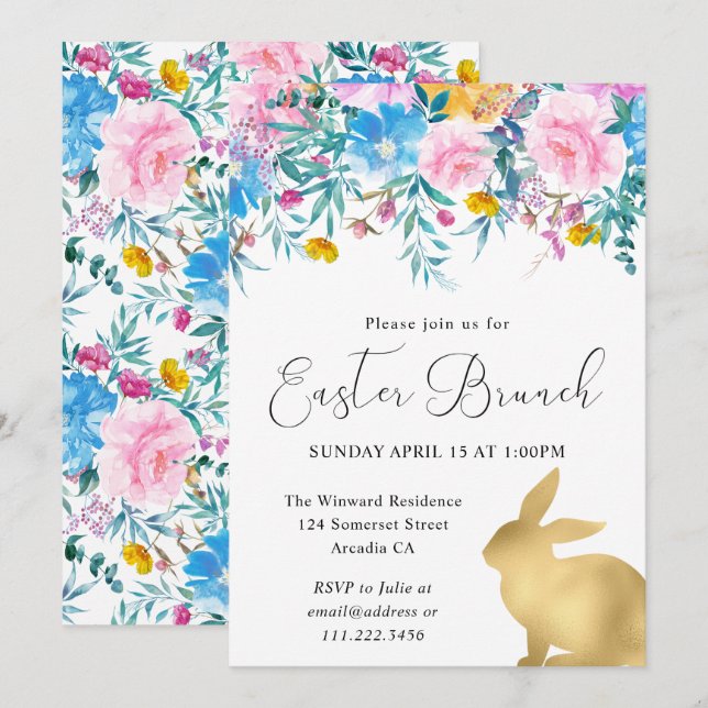 Invitación Flores de primavera bohemio y conejitos dorados Br (Anverso / Reverso)