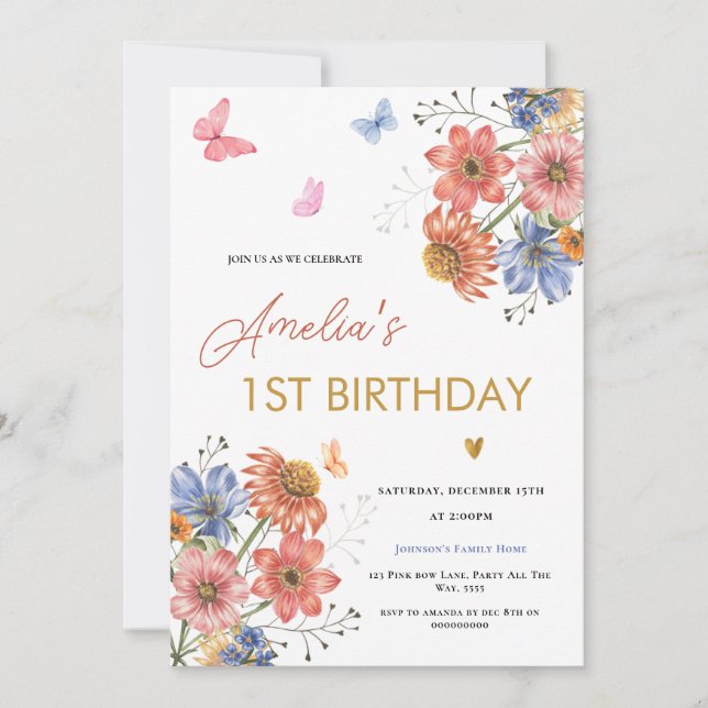 Invitación Flores de Primavera Chica de primer cumpleaños (Anverso)
