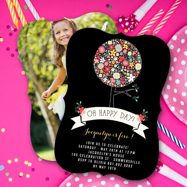 Invitación Flores de primavera Chica del árbol del pop Foto d (Whimsical Colorful Spring Flowers Pop Tree Girl's Birthday Party Photo Invitation @ fat_fa_tin)
