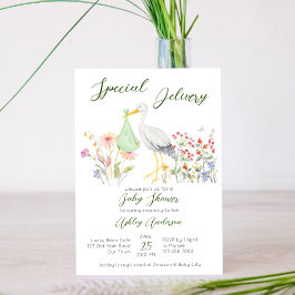 Invitación Flores de primavera de cigüeya especial para bebé