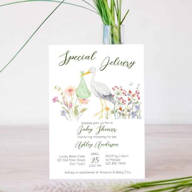 Invitación Flores de primavera de cigüeya especial para bebé (Subido por el creador)
