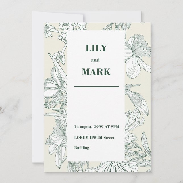 Invitación Flores de primavera de jardín. Fondo grabado.  (Anverso)